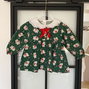 Vintage Girls Green Bear Print Long Sleeve Lace Collar Bow Cotton Dress 4T